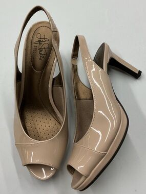 Life Stride Taupe Patent Peep Toe Slingback Heels